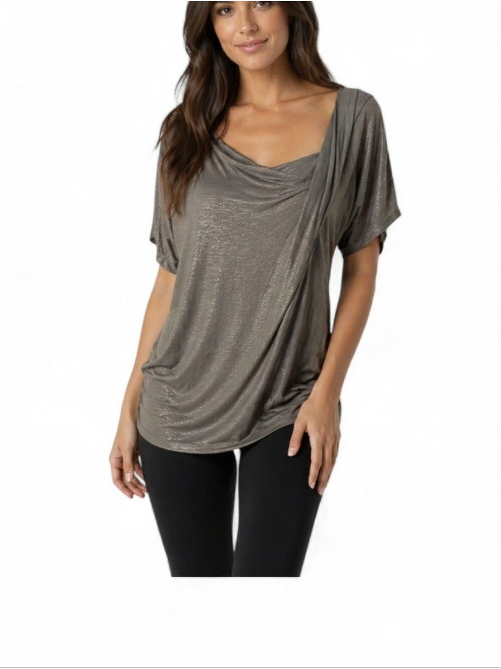 New York & Company Slinky Drape Top Size Large Metallic Taupe Loose Fit